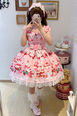 Pink [Strawberry Parfait] Print Short Sleeves Ruffle Bowknot Lace Lace-Up Sweet Lolita Dress - Product - 7