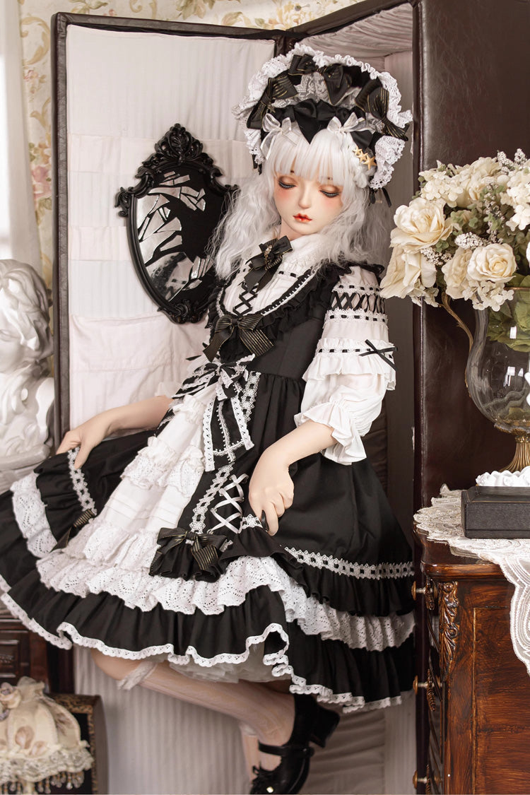 Black/White [Tina's Gift] Sleeveless Multi-Layered Ruffle Cardigan Bowknot Lace Sweet Lolita Jsk Dress - Product - 6