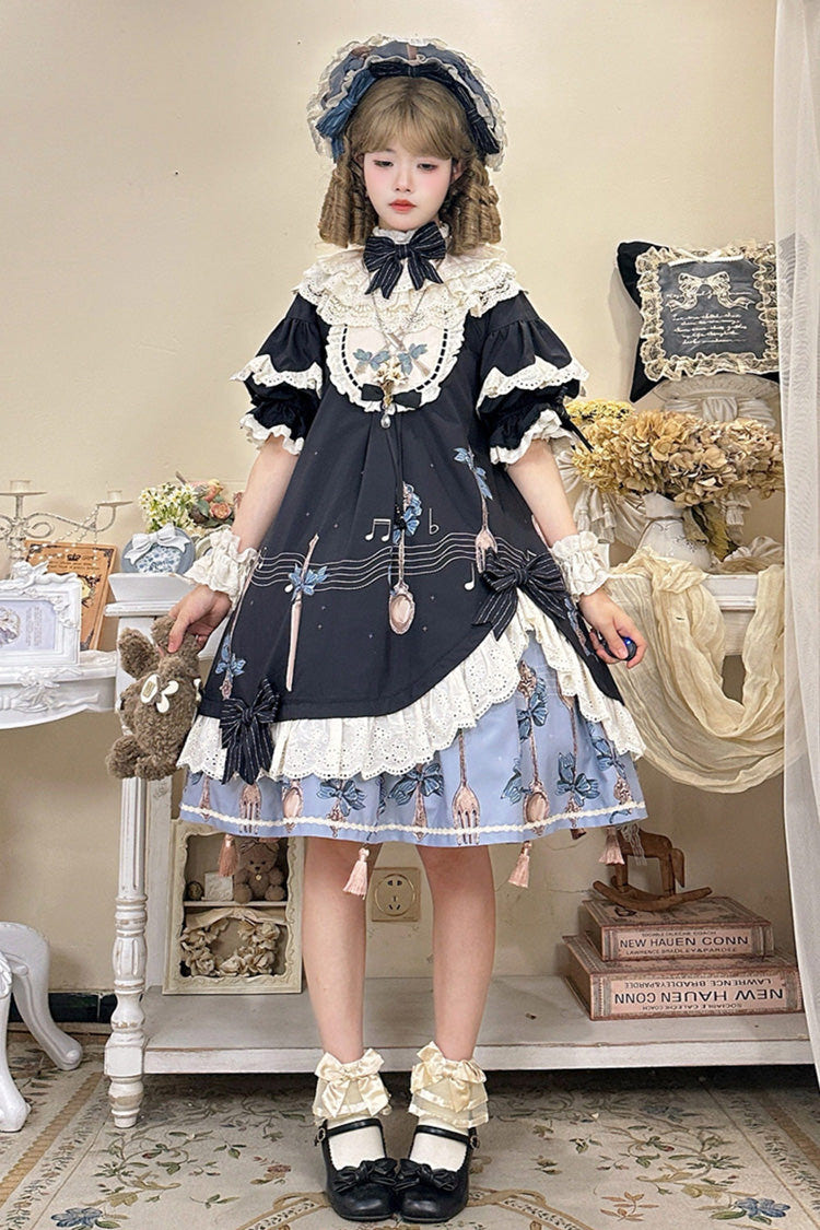 Dark Blue [The Witch’s Banquet] Round Collar Short Sleeves Printed Ruffled Embroidered Bow Asymmetric Sweet Lolita Dress - Dark-Blue - 1
