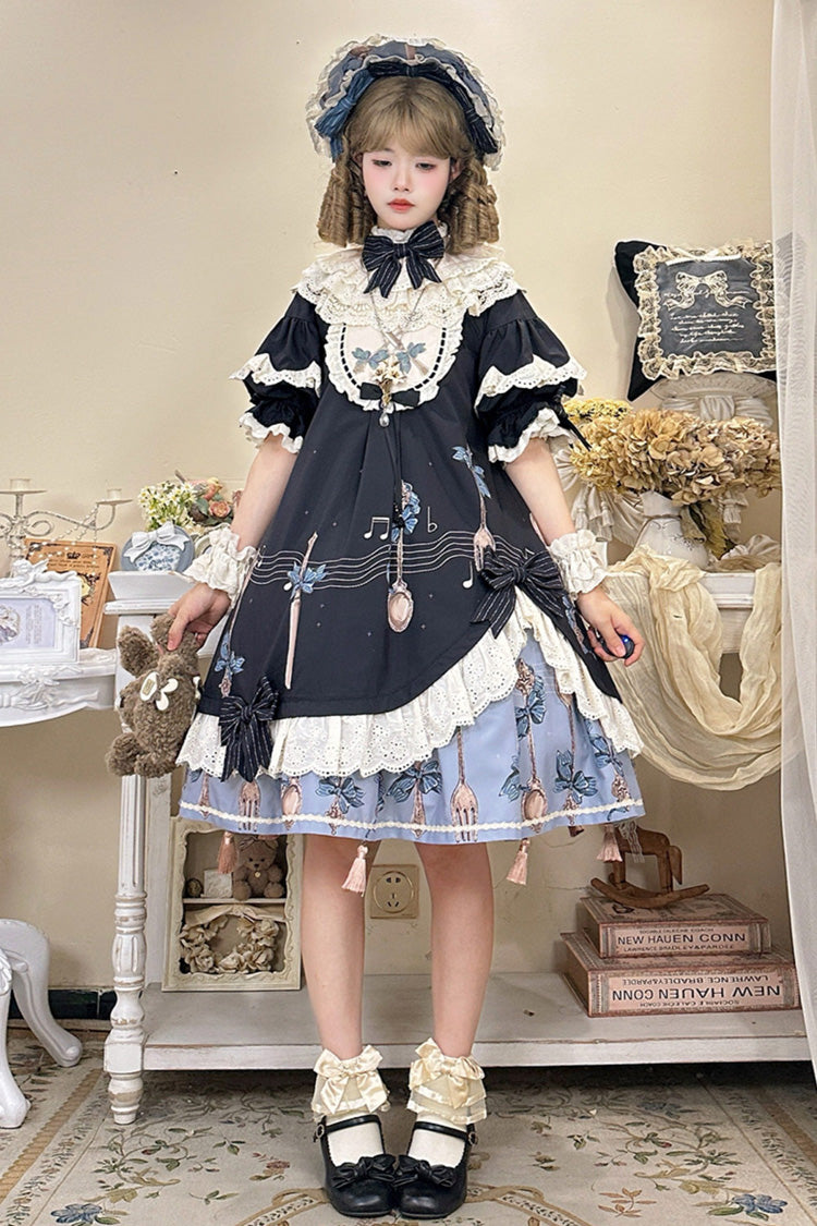 Dark Blue [The Witch’s Banquet] Round Collar Short Sleeves Printed Ruffled Embroidered Bow Asymmetric Sweet Lolita Dress - Dark-Blue - 1
