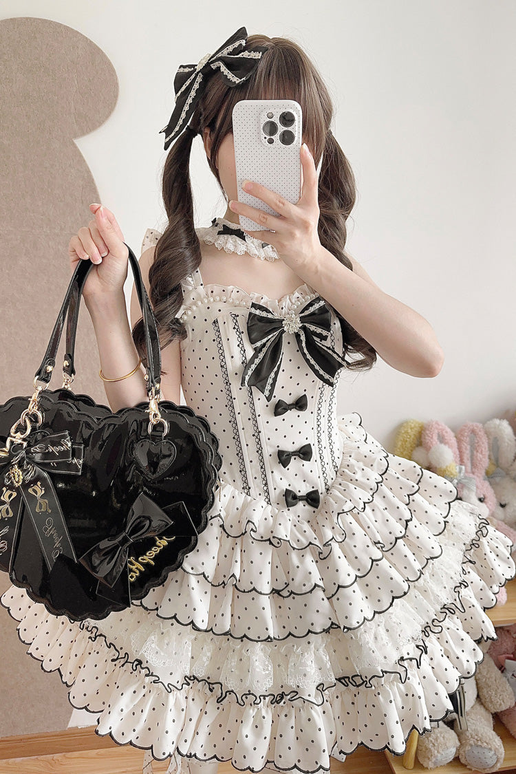 Beige Sleeveless Multi-Layered Polka Dots Printed Ruffled Bow Sweet Princess Lolita Jsk Dress - Product - 4