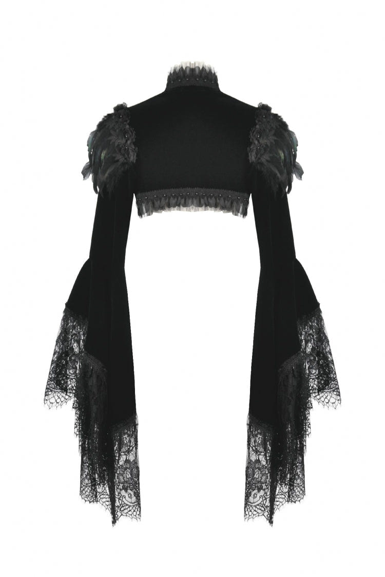 Black Lace Spliced Velvet Long Flared Sleeves Floral Feather Women's Gothic Cape - Product - 14