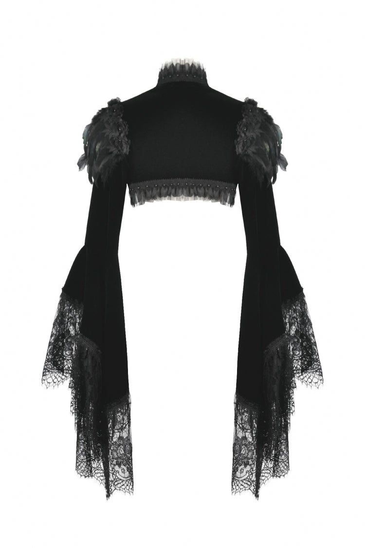 Black Lace Spliced Velvet Long Flared Sleeves Floral Feather Women's Gothic Cape - Product - 14