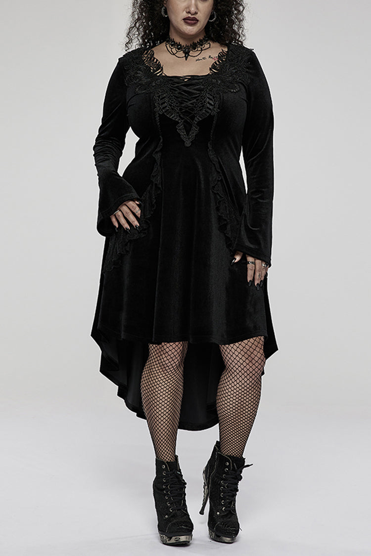 Black Gorgeous Velvet Fabric Embroidered Jacquard Neckline Irregular Hem Trumpet Sleeve Women's Gothic Dress - Black - 1