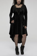 Black Gorgeous Velvet Fabric Embroidered Jacquard Neckline Irregular Hem Trumpet Sleeve Women's Gothic Dress - Black - 1