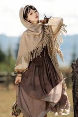 Brown [Sunset Yellow Sand] Print Irregular Asymmetric Classic Vintage Lolita Dress Set - Product - 9