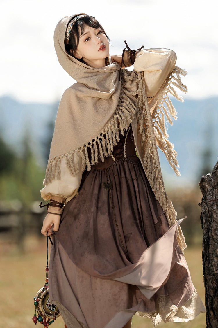 Brown [Sunset Yellow Sand] Print Irregular Asymmetric Classic Vintage Lolita Dress Set - Product - 9