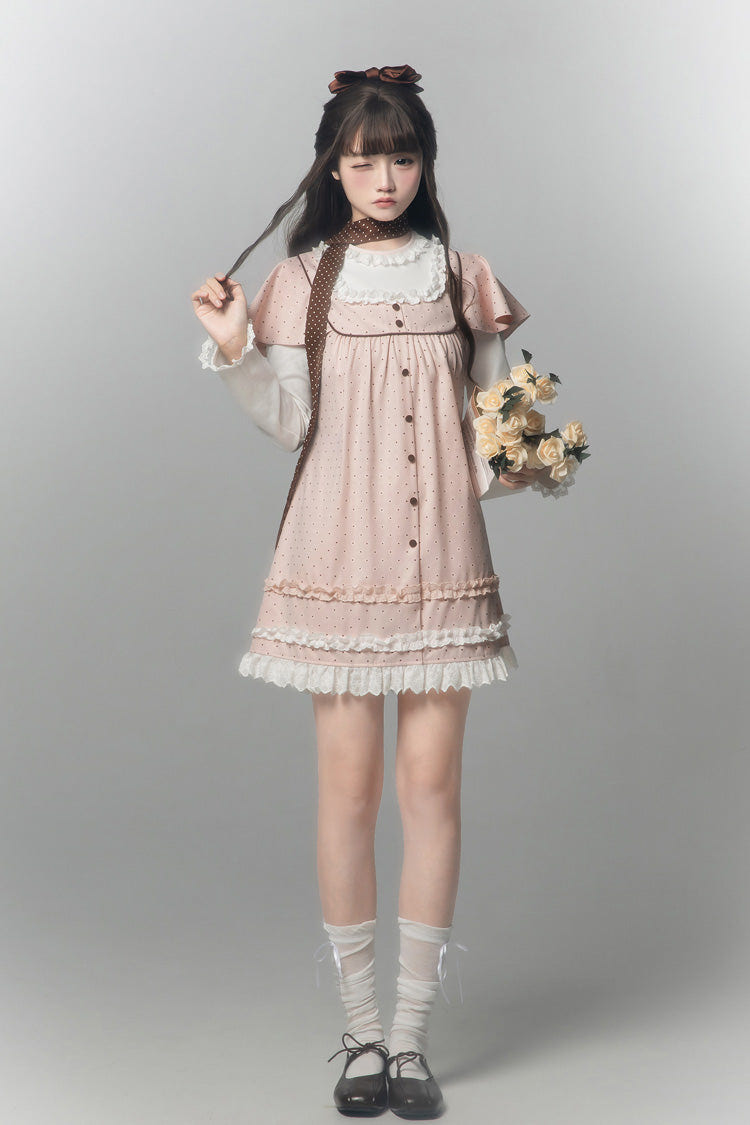 Pink [Polka Dot Bouclé] Round Collar Long Sleeves Printed Ruffled Faux Two-Piece Sweet Japanese Lolita Dress - Product - 3