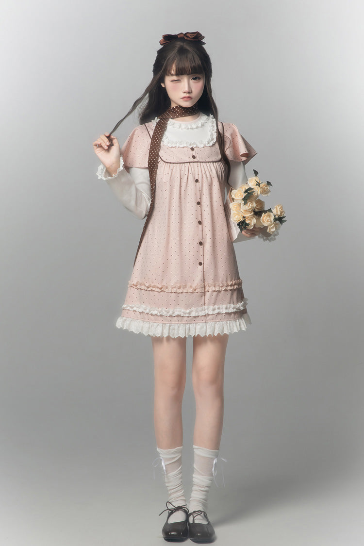 Pink [Polka Dot Bouclé] Round Collar Long Sleeves Printed Ruffled Faux Two-Piece Sweet Japanese Lolita Dress - Product - 3