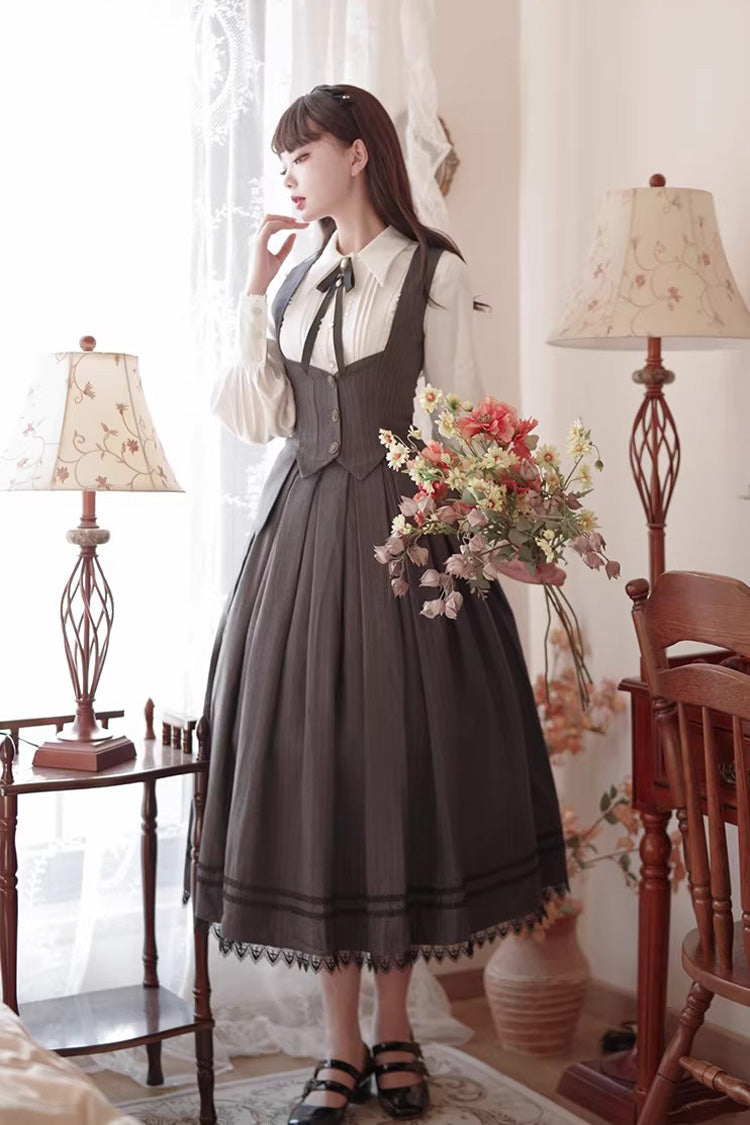 Grey [Griffin’s Pact] Striped Printed Ruffled Gothic Lolita Skirt Vest Set - Grey (Set) - 1