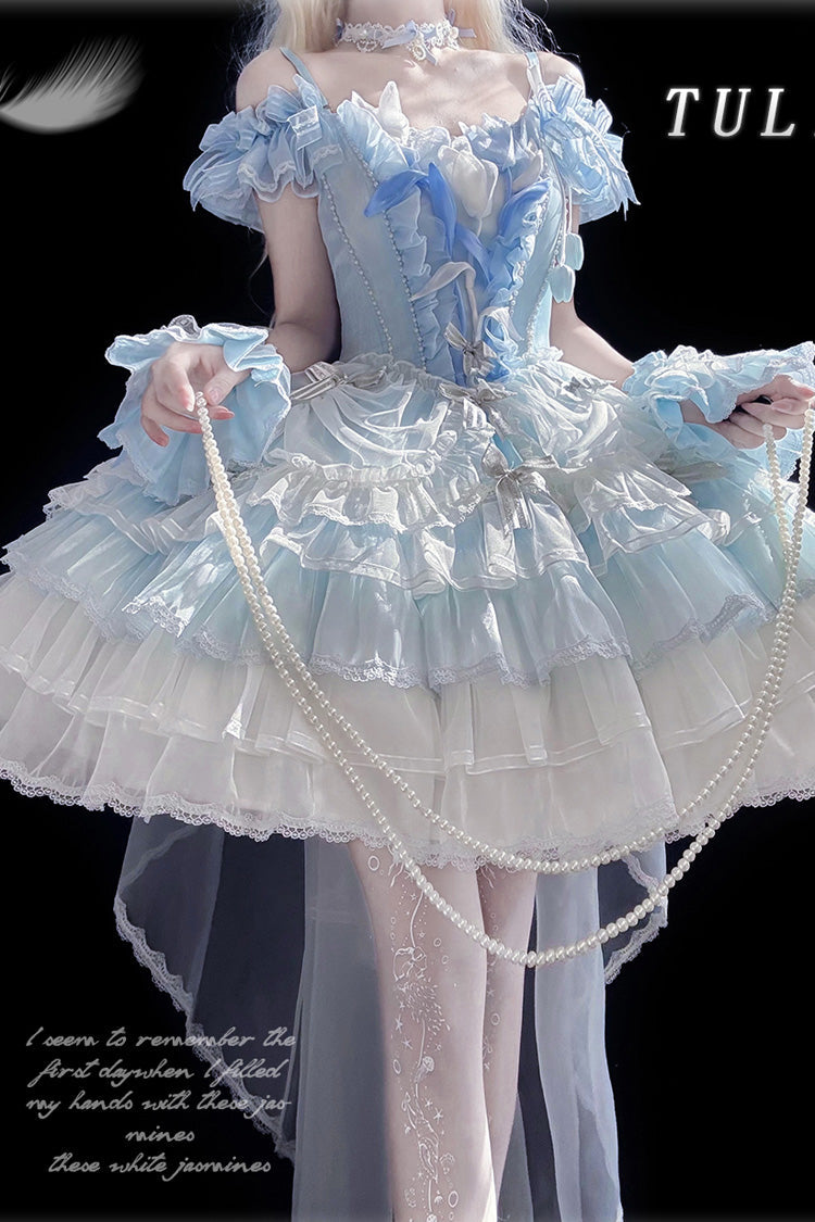 Blue [Tulip and Wind Chime] Multi-Layered Ruffle Bowknot Lace Sweet Gorgeous Lolita Jsk Dress - Product - 2