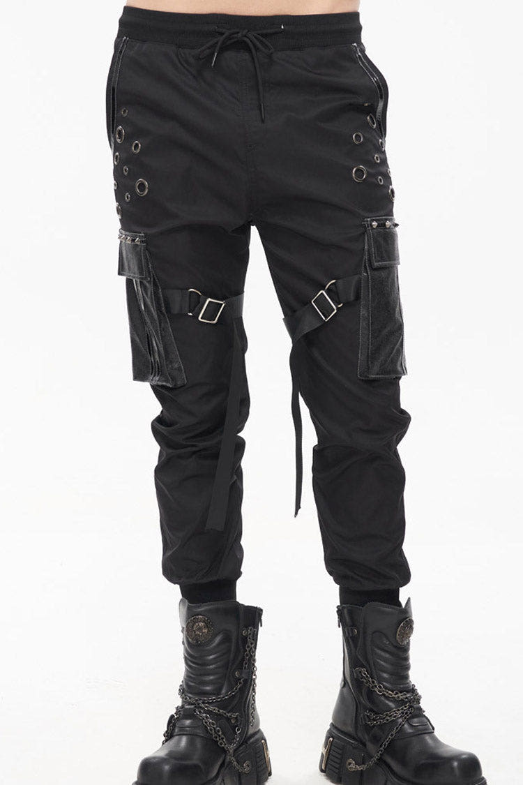 Black Punk Multi-Pocket Leather Splicing Metal Leg Ring Men's Pants - Product - 1