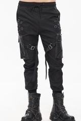 Black Punk Multi-Pocket Leather Splicing Metal Leg Ring Men's Pants - Product - 1