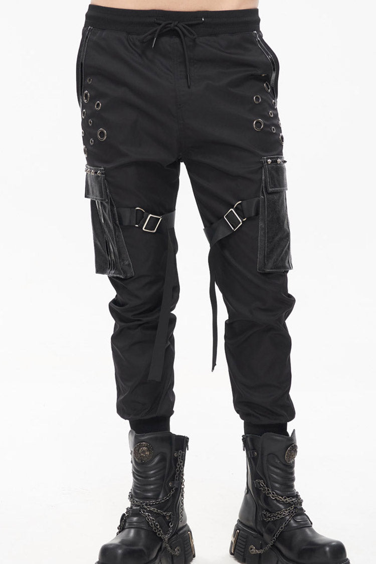 Black Punk Multi-Pocket Leather Splicing Metal Leg Ring Men's Pants - Product - 1