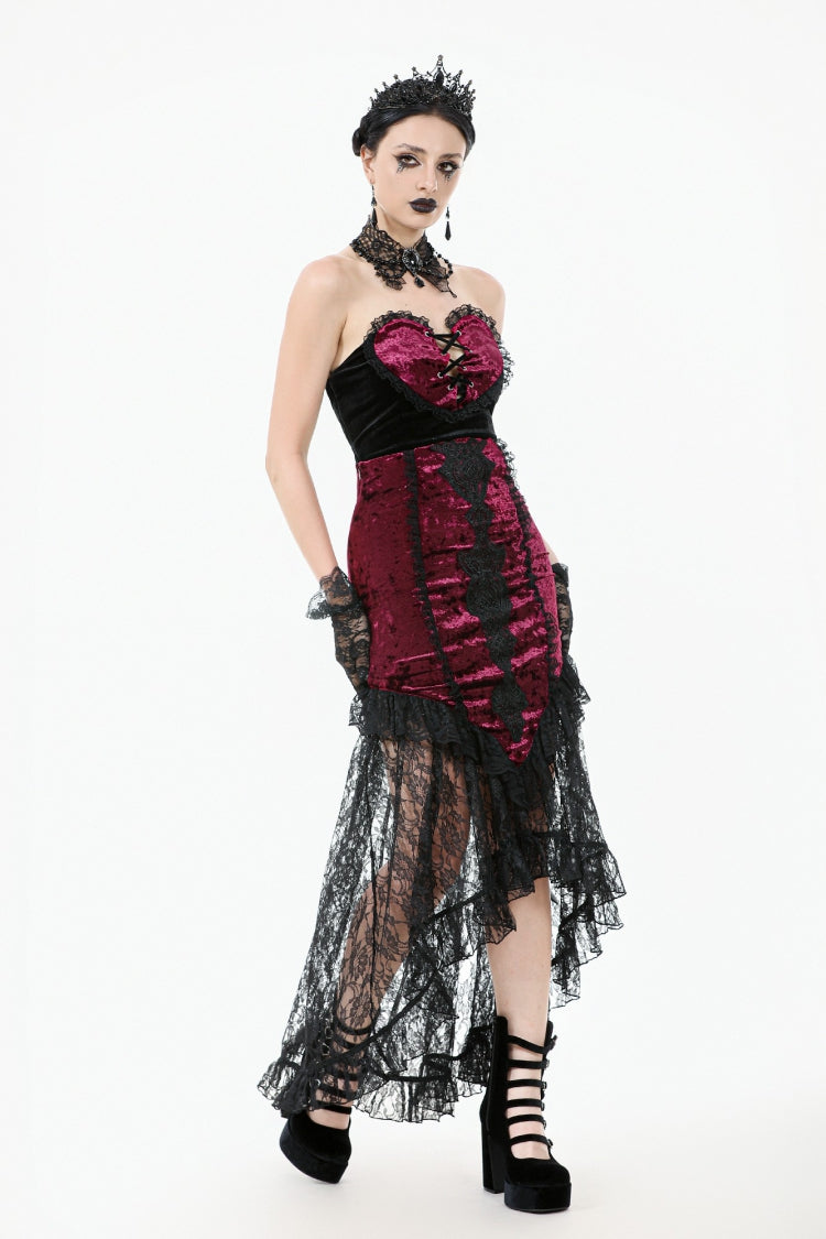 Black/Red Embroidered Velvet Spliced Lace Lace-Up Women's Gothic High/Low Maxi Skirt - Product - 7