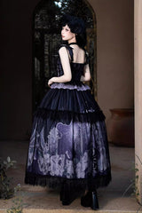 Black/Blue [Skull Magic] Print Ruffle Bowknot Gothic Elegant Lolita Skirt Two-Piece Set - Product - 3