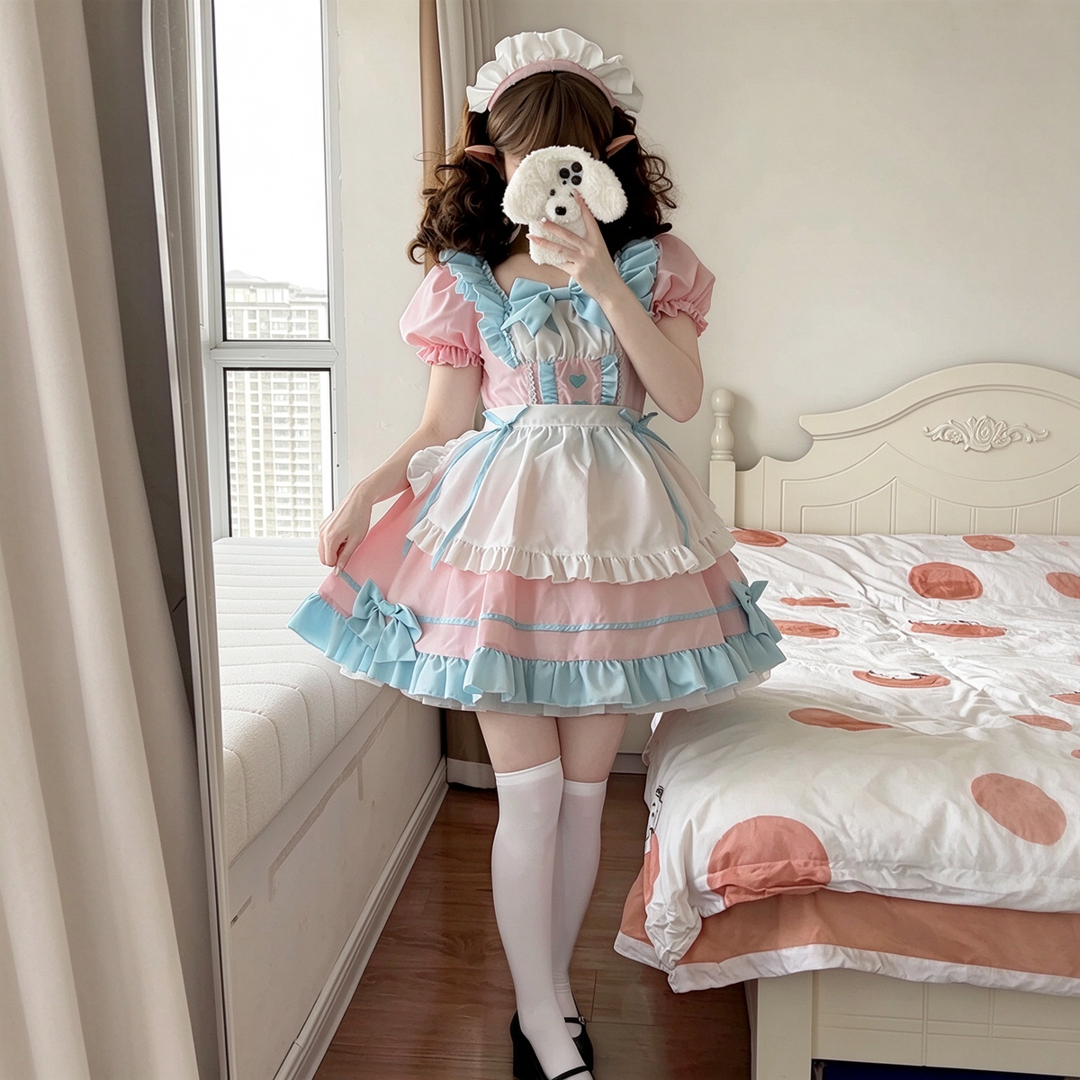 Pink and Mint Green Ruffled Maid Lolita Dress with Apron Bow Accent - view 4