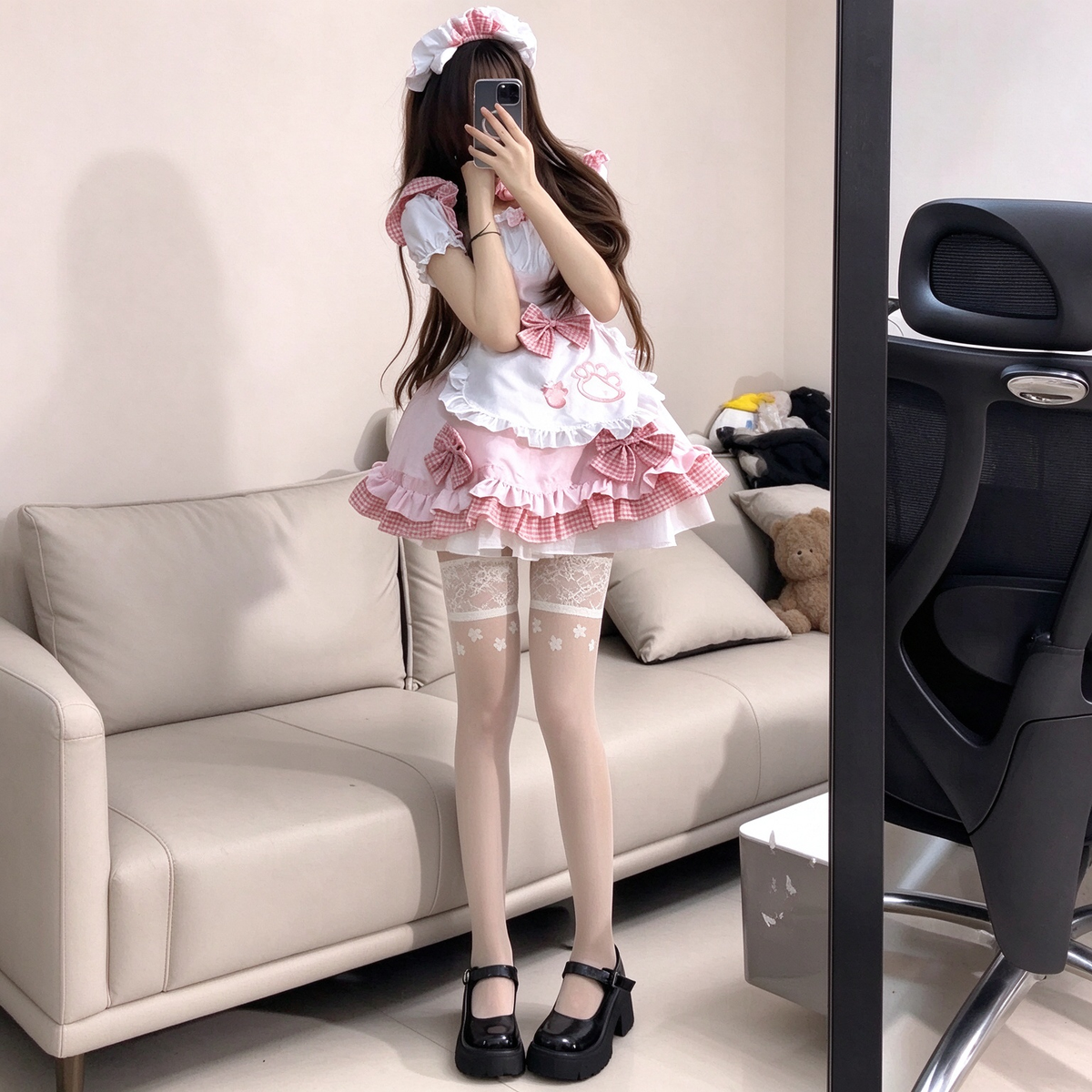 Black and Pink Ruffled Maid Lolita Dress with Paw Print Apron Accent - view 3