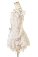 Ivory Off Shoulder Long Sleeves Floral Print Ruffle Bowknot Lace-Up Sweet Jirai Kei Japanese Skirt Set - Product - 3