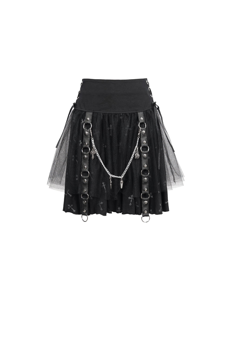 Black Cross Print Side Waist Straps Detachable Metal Chain Women's Punk Skirt - Product - 6