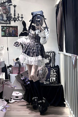 Black [Lunar Eclipse Doll] Long Sleeves Plaid Printed Ruffled Bow Lace Sweet Jirai Kei Japanese Dress Shorts Set - Product - 7
