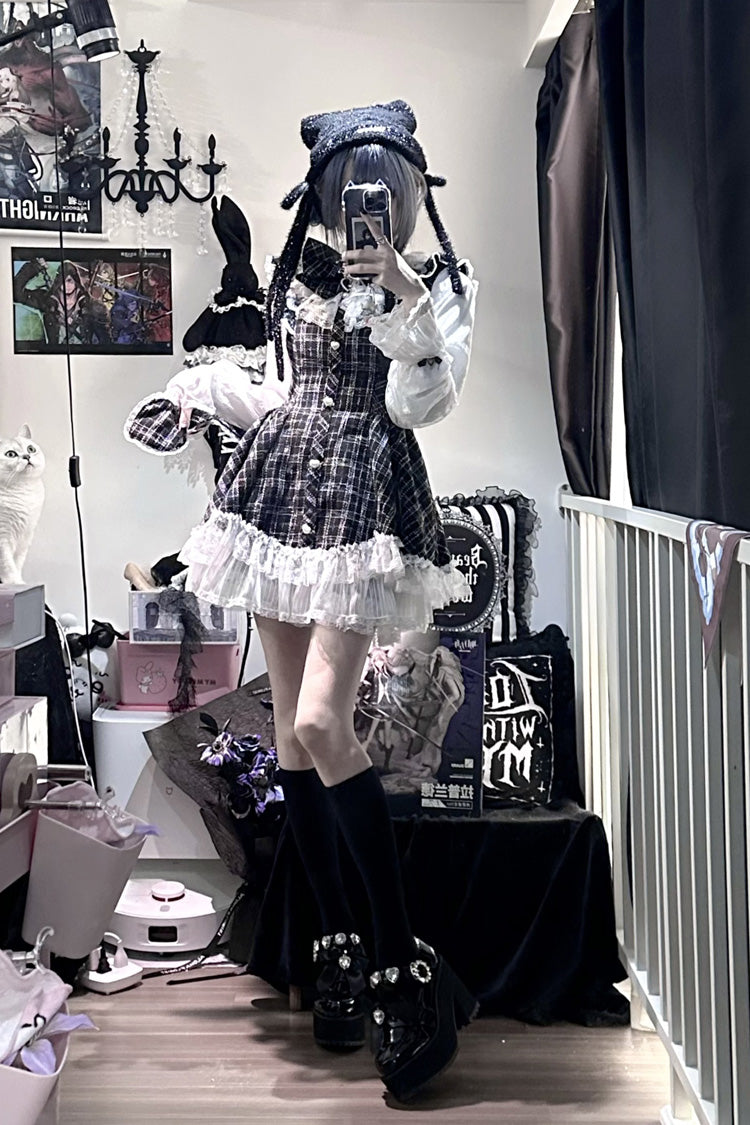 Black [Lunar Eclipse Doll] Long Sleeves Plaid Printed Ruffled Bow Lace Sweet Jirai Kei Japanese Dress Shorts Set - Product - 7