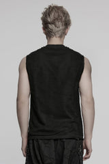 Black Round Collar Sleeveless Stitching Mesh Ripped Men's Punk Vest - Product - 3