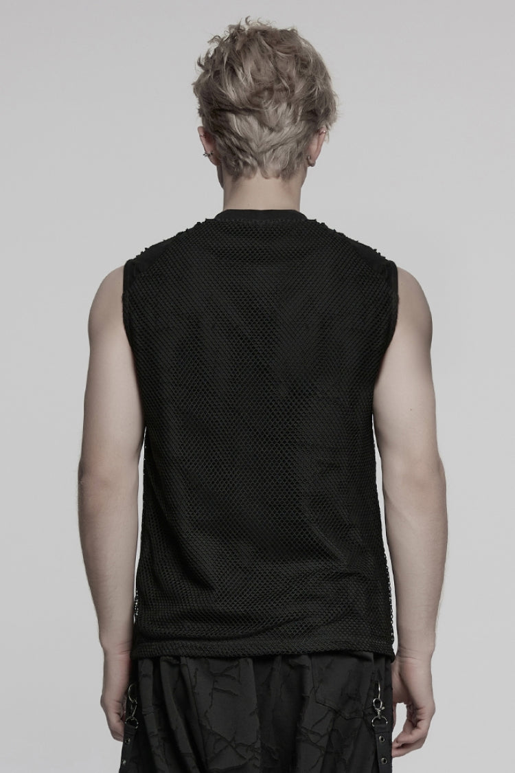 Black Round Collar Sleeveless Stitching Mesh Ripped Men's Punk Vest - Product - 3