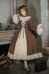 Brown/Beige [Nutcracker] Stand Collar Long Trumpet Sleeves Ruffle Cardigan Bowknot Lace-Up Sweet Lolita Dress Set 2 Versions - Brown/Beige - 19