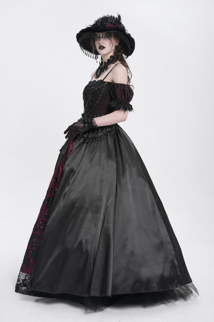 Black/Red Off Shoulder Embroidery Stitching Lace Women's Gothic Dress - Product - 7