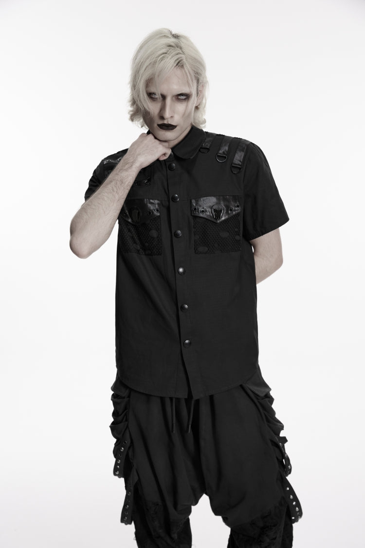 Black Lapel Collar Short Sleeves Cut-Out Spliced Men's Punk Shirt - Product - 8