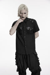 Black Lapel Collar Short Sleeves Cut-Out Spliced Men's Punk Shirt - Product - 8