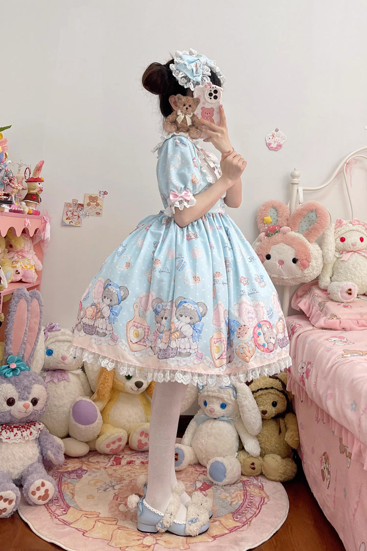 Blue Short Sleeves Baked Bear Print Ruffle Sweet Lolita Dress - Product - 4