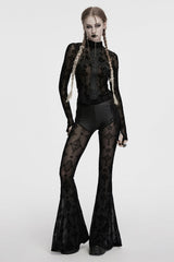 Black Stand Collar Long Sleeves Star Cross Embroidery Sheer Mesh Women's Gothic T-Shirt - Product - 4
