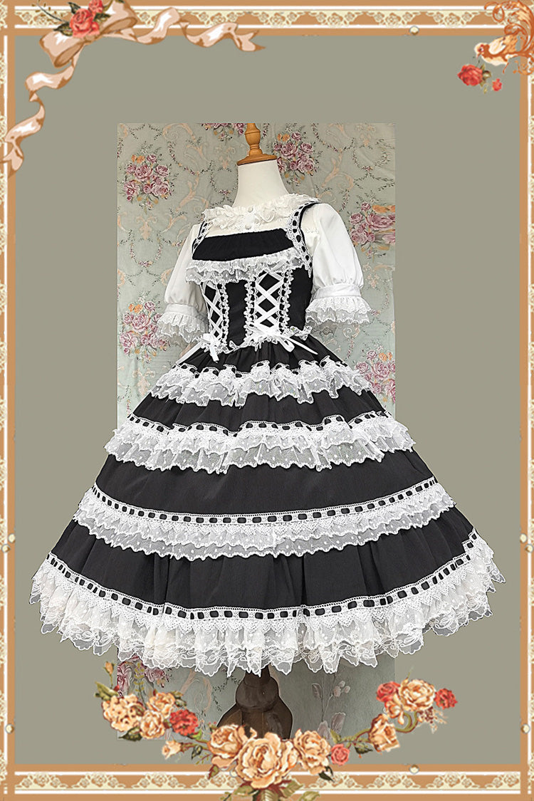 Black/White [Doll in the Mirror] Square Collar Sleeveless Ruffled Lace-Up Sweet Lolita Jsk Dress - Product - 5