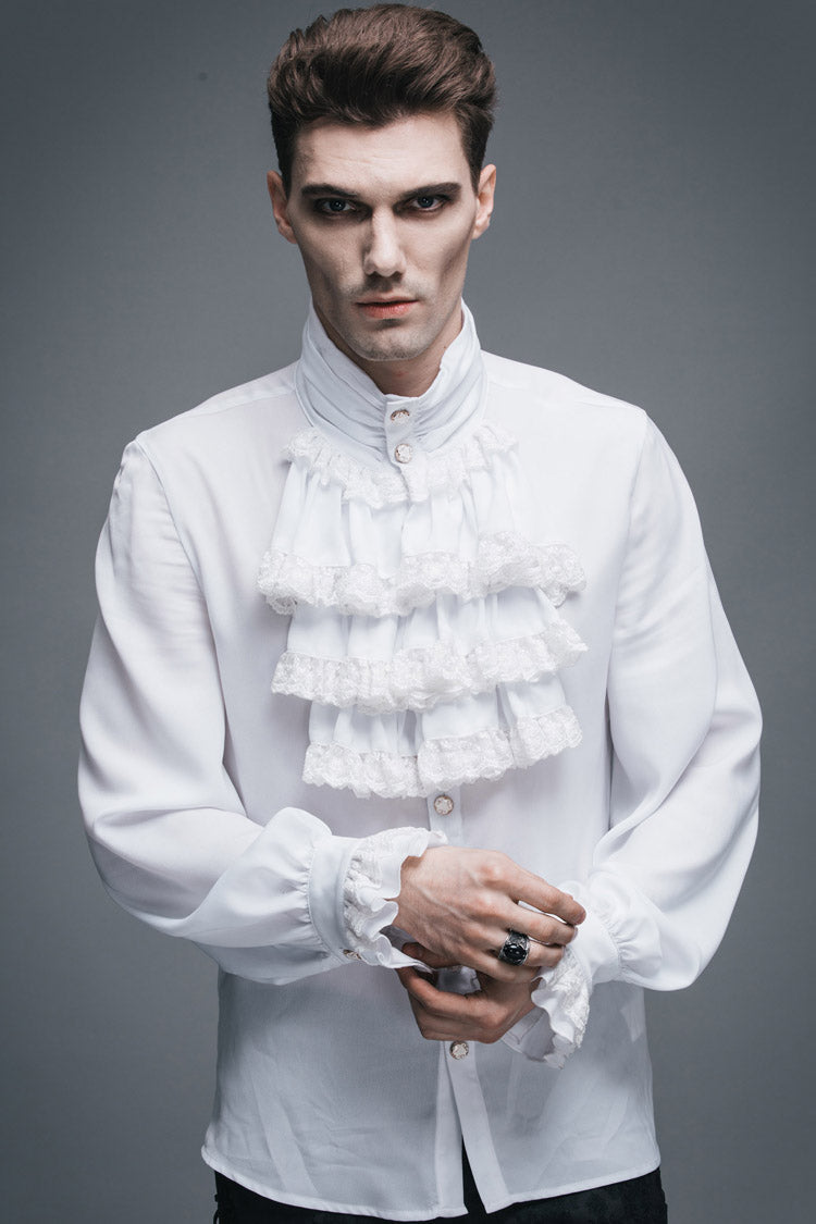 White Ruffled Lace Button-Up Micro-bullet Chiffon Long Sleeve Men's Gothic Shirt - Product - 3