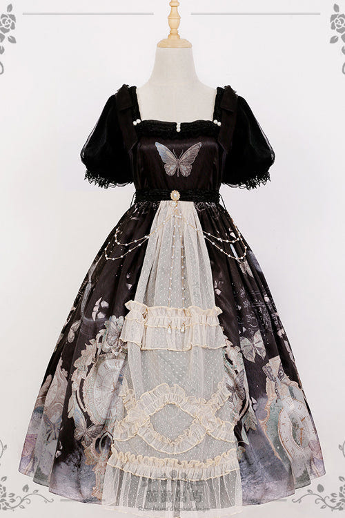 Vintage Elegant Lace Square Collar Bubble Short Sleeves Time Butterfly Print High Waisted Sweet Lolita Dress - Product - 6