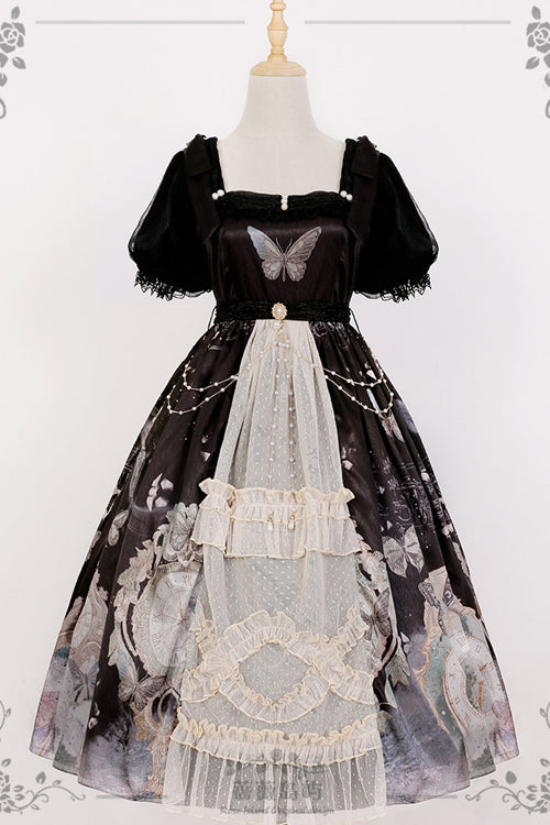 Vintage Elegant Lace Square Collar Bubble Short Sleeves Time Butterfly Print High Waisted Sweet (Dress Only) detail view 6
