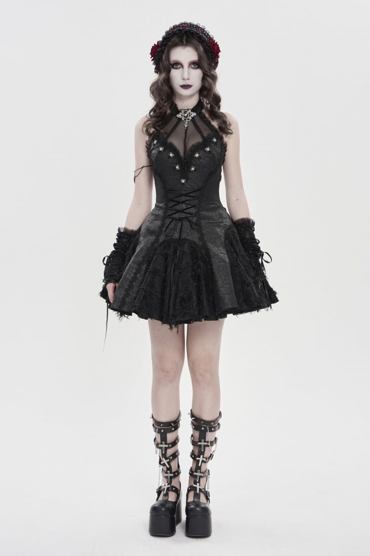 Black Off Shoulder Sleeveless Printed Spliced Lace Lace-Up Pleated Women's Gothic Dress - Product - 2