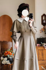Khaki [Forest Antique Trunk] Lapel Collar Long Sleeves Classic Vintage Elegant Lolita Dress - Product - 4