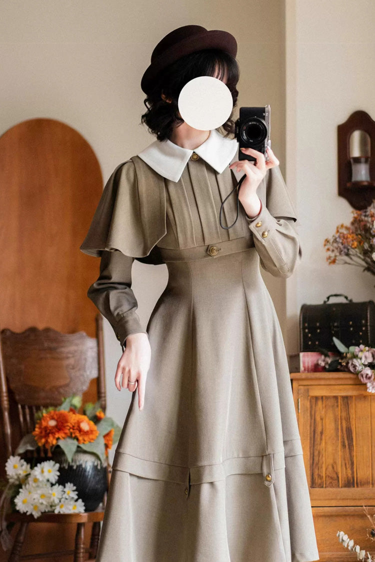 Khaki [Forest Antique Trunk] Lapel Collar Long Sleeves Classic Vintage Elegant Lolita Dress - Product - 4