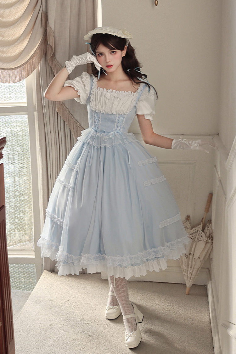 Light Blue Confession Poem Square Collar Short Sleeves Ruffle Sweet Elegant Lolita Dress Set - Light-Blue - 1
