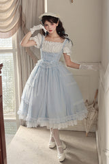Light Blue Confession Poem Square Collar Short Sleeves Ruffle Sweet Elegant Lolita Dress Set - Light-Blue - 1