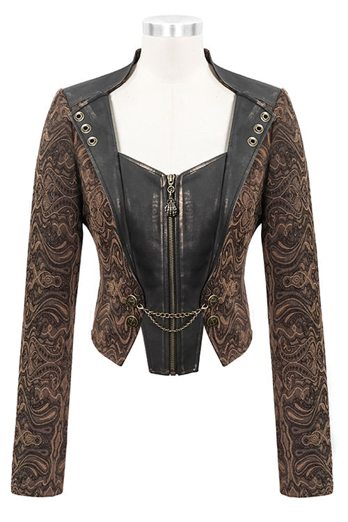 Brown Jacquard Slim Print Short Womens Punk Jacket - Product - 4