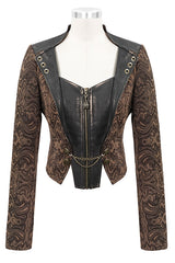 Brown Jacquard Slim Print Short Womens Punk Jacket - Product - 4
