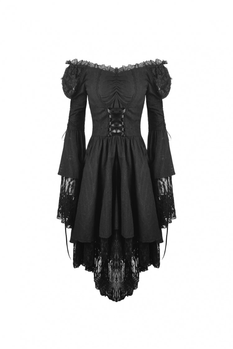 Black Off Shoulder Long Trumpet Puff Sleeves Lace-Up Strappy Mesh Women's Gothic Cocktail Dress - Product - 3