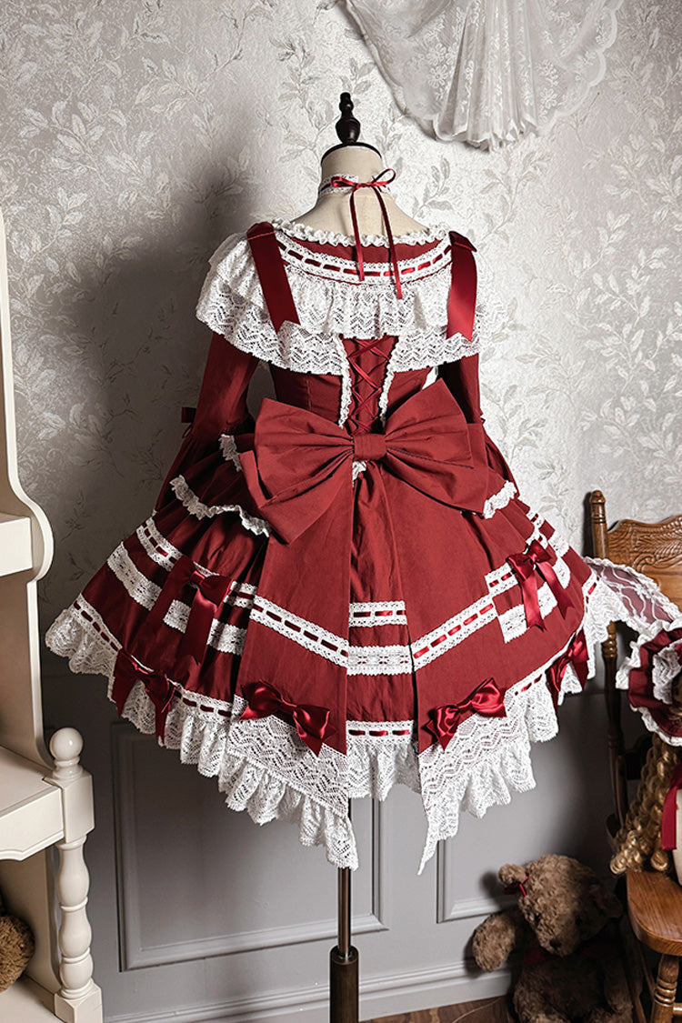 Wine Red [Rabbit Sleeping Doll] Long Trumpet Sleeves Ruffle Bowknot Lace Sweet Lolita Dress - Product - 9