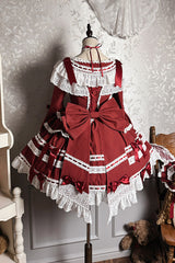Wine Red [Rabbit Sleeping Doll] Long Trumpet Sleeves Ruffle Bowknot Lace Sweet Lolita Dress - Product - 9
