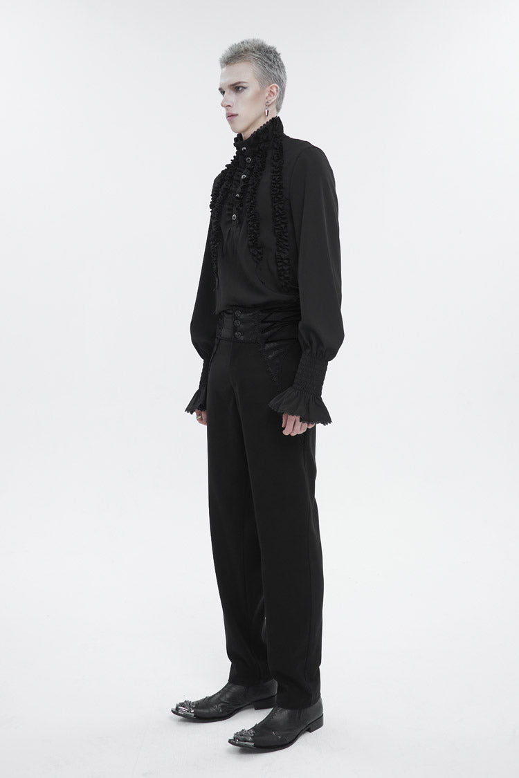 Black Irregular Stand Collar Puff Sleeved Ruffled Men's Gothic Shirt - Product - 3