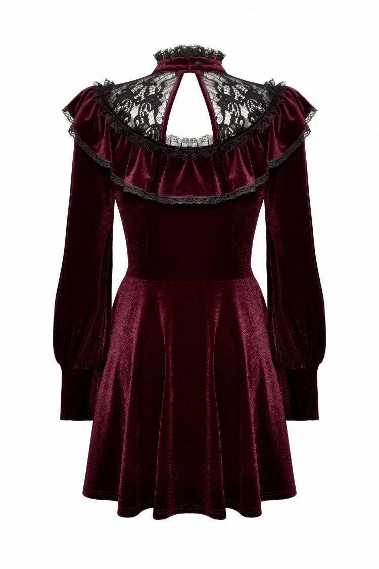 Red Long Sleeves Crochet Velvet Dress Women's Gothic Graduation Dress - Product - 16